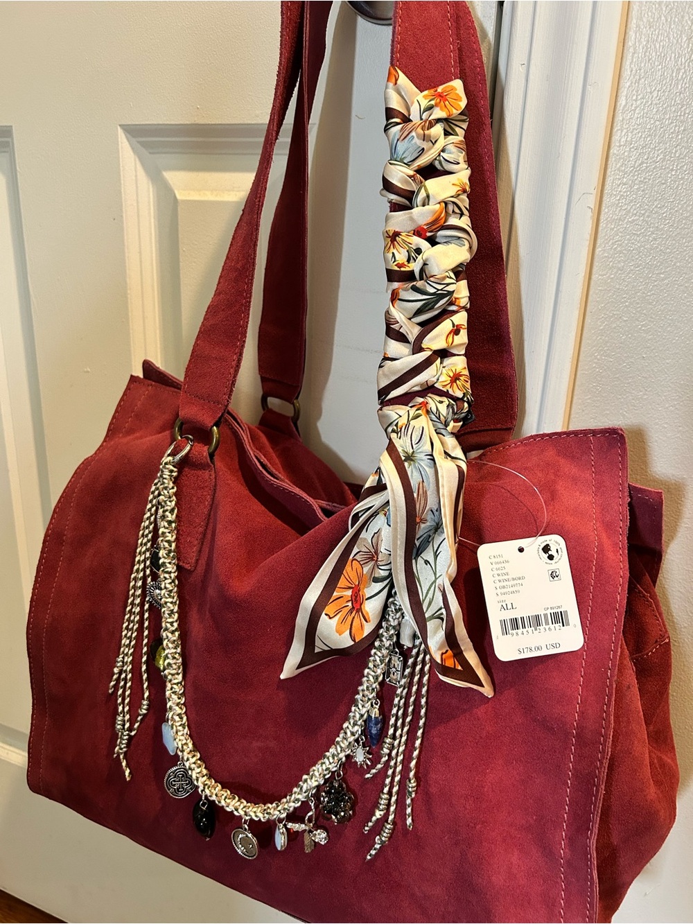 NWT Free People Salma Suede Tote Bag in Wine w/ Swag Bag Charm & Scarf - Picture 7 of 16